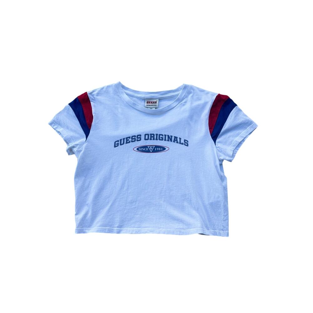 Guess Originals White Crop Top Red Blue Striped Shoulders Logo Women’s S C3